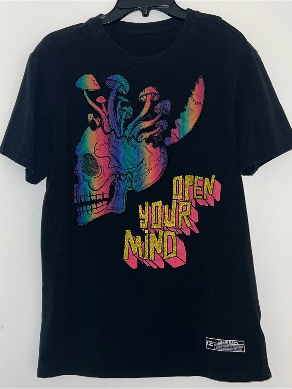 Black Graphic Short Sleeve Tee with Rainbow Skull & 'Open Your Mind' Print